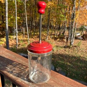 Red Handheld Butter Churner Measuring Glass Container Vintage Antique Decor